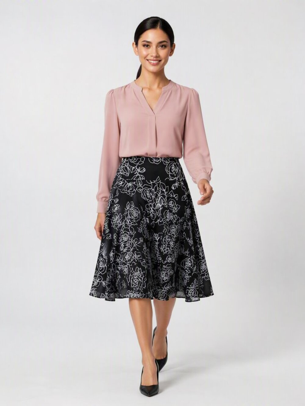 Jones New York Signature Black with White Floral Full Midi Skirt 100% Cotton 12